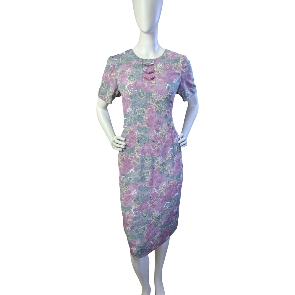 Vintage 90s Abstract Pastel Print Sheath Dress with Button Detail, Size Medium
